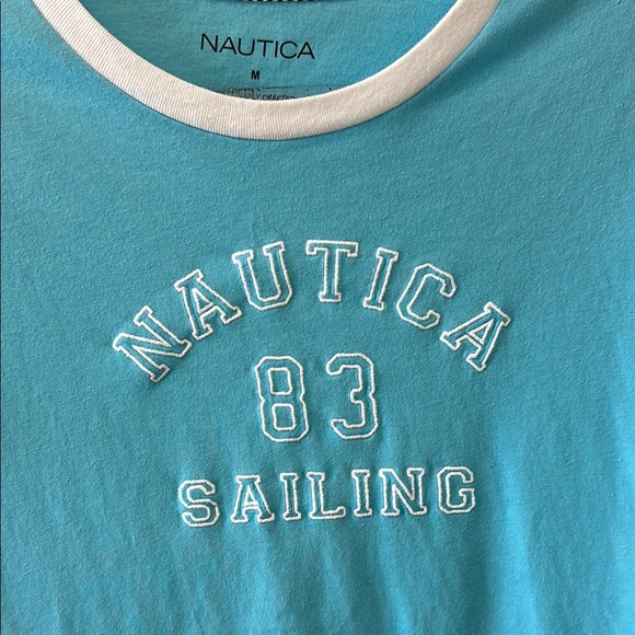 Nautica Sz Medium Blue Crew Neck T-Shirt with White Embroidered Letters - Picture 5 of 7